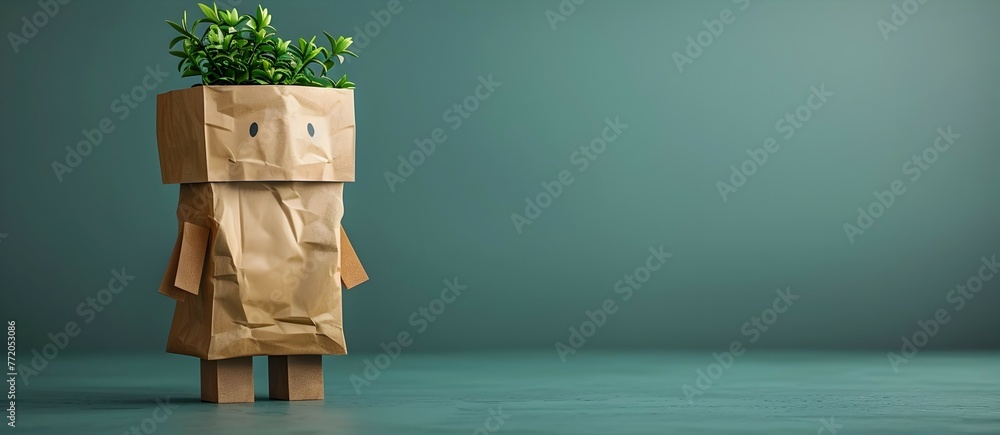Poster paper bag character carrying simplicity and green elements with copy space
