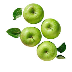 Four Granny Smith apples with leaves, a healthy and delicious staple food