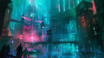 Illustrate an epic standoff between mafia lords in an underwater city - obrazy, fototapety, plakaty