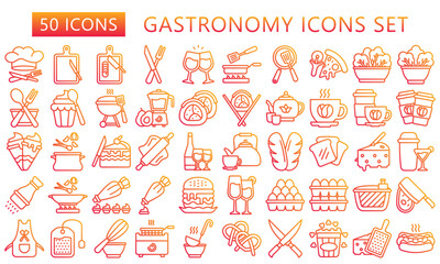 Gastronomy gradient outline icon set. contain chef hats, pizza slice, wine glasses, sushi roll, teapot, sandwich and more. best for UI or UX kit, web and app development. vector EPS 10.