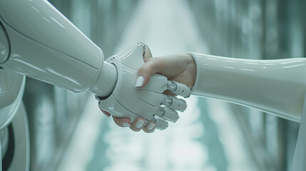 Graphic image of handshake between human and robot in background of manufacturing.