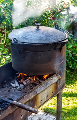 Cauldron with lid close-up on the fire of the grill