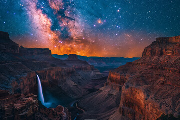 Starry sky and milky way night view under canyon waterfall - obrazy, fototapety, plakaty
