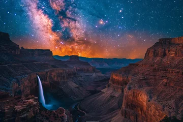 Fotobehang Starry sky and milky way night view under canyon waterfall © nan