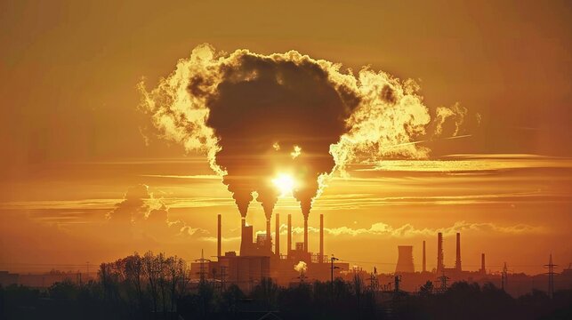A large industrial plant with smoke billowing from its chimneys, forming the shape of an ominous skull in silhouette against a backdrop of golden sunlight