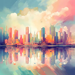 Abstract city skyline in pastel hues. 