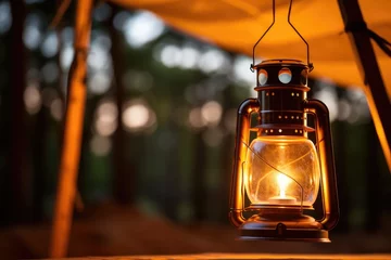Poster Camping Lantern Hanging: Showcase the details of a camping lantern hanging from a tent. © OhmArt