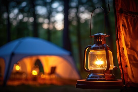 Camping Lantern Hanging: Showcase the details of a camping lantern hanging from a tent.