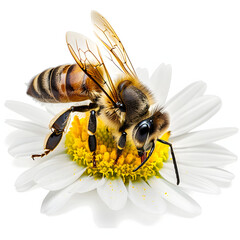 A close-up of a bee pollinating a flower isolated on white background, vintage, png
 - obrazy, fototapety, plakaty