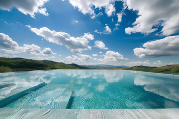 Breathtaking pool set against a backdrop of rolling hills and endless blue sky.