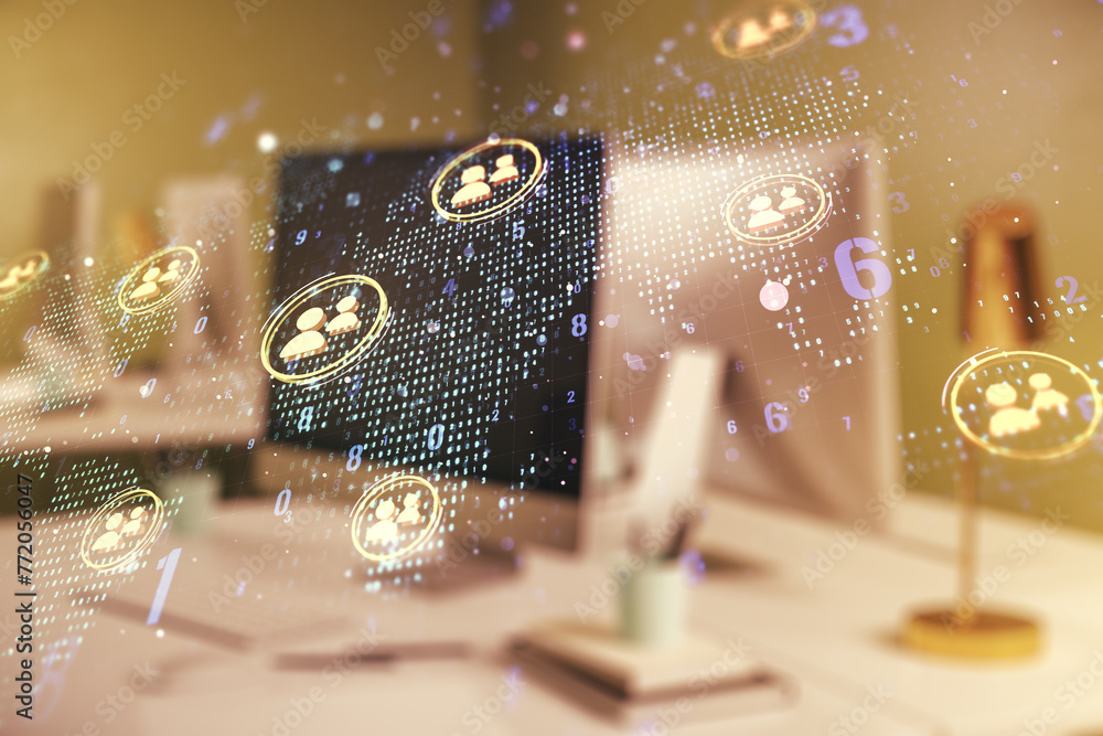 Aufkleber Double exposure of social network icons concept with world map and computer on background. Networking concept