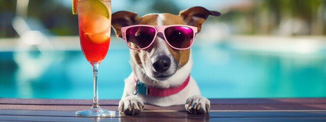 dog with a cocktail on the background of the pool