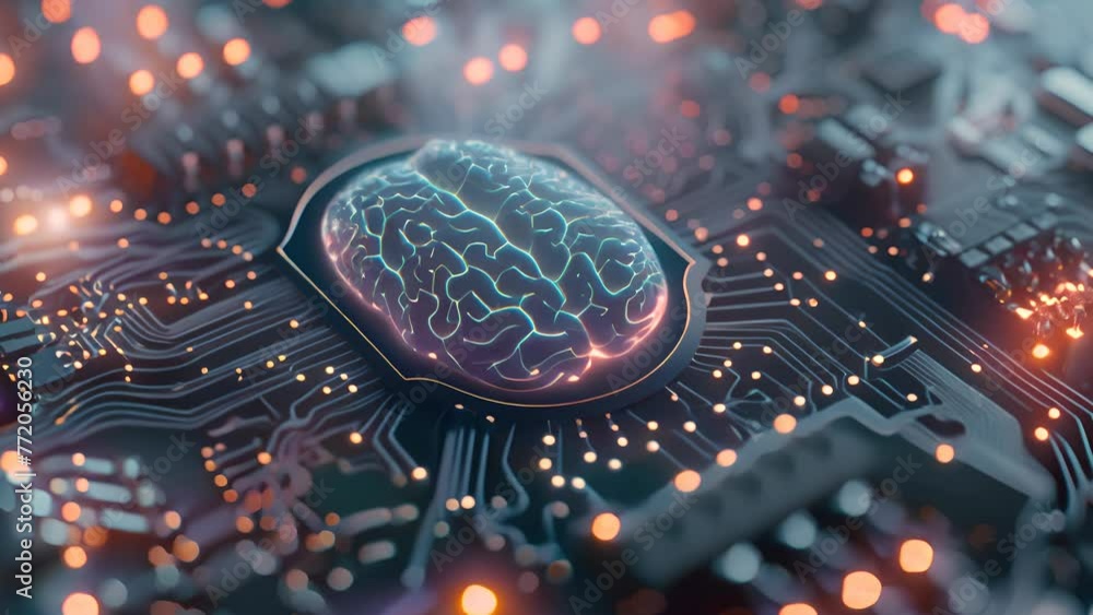 Poster gpt glowing brain on circuit board, concept of ai and technology