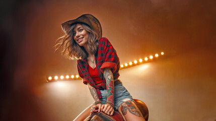 Fototapeta premium Woman in bar wearing cowboy hat rides mechanical bull 