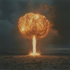 A mushroom cloud rises from the ground, creating an apocalyptic scene with bright lighting and a dark background - obrazy, fototapety, plakaty