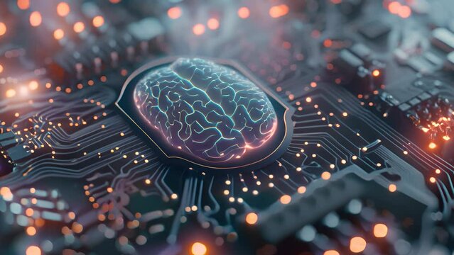 GPT Glowing brain on circuit board, concept of AI and technology