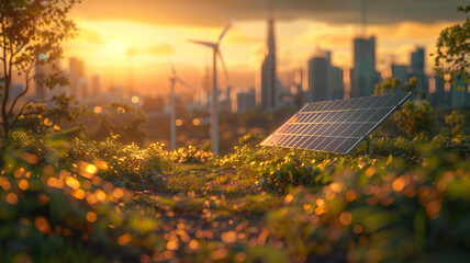 electricity power in nature clean energy concept solar panel with turbine and tower hight voltage city background