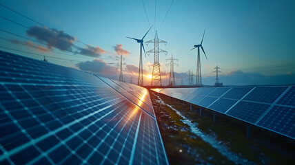 electricity power in nature  solar panel with turbine and tower hight voltage