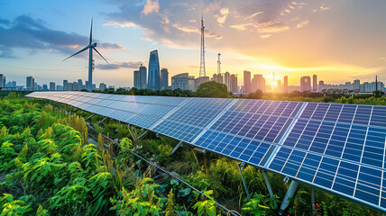 electricity power in nature clean energy concept solar panel with turbine and tower hight voltage city background