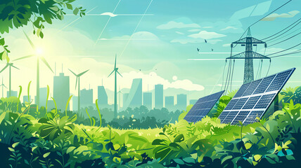 electricity power in nature clean energy concept solar panel with turbine and tower hight voltage city background