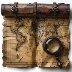 Spyglass with pirate treasure map isolated on white background, detailed, png
