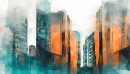 Foto auf Acrylglas Aquarellmalerei Wolkenkratzer Spectacular watercolor painting of an abstract urban, cityscape, skyscraper scene in orange and teal, grayish smog. Double exposure building. Digital art 3D illustration.