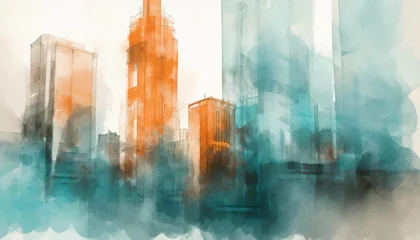 Peel and stick wall murals Watercolor painting skyscraper Spectacular watercolor painting of an abstract urban, cityscape, skyscraper scene in orange and teal, grayish smog. Double exposure building. Digital art 3D illustration.