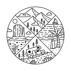 Natural landscape in circle frame illustration