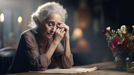 Serious older woman in depression with bewildered thoughts in her mind. Depression, loneliness and mental health concept. - obrazy, fototapety, plakaty