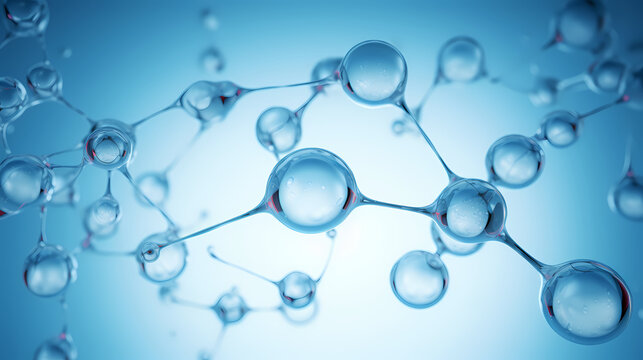 Ozone molecular structure with transparent bubbles and blue background