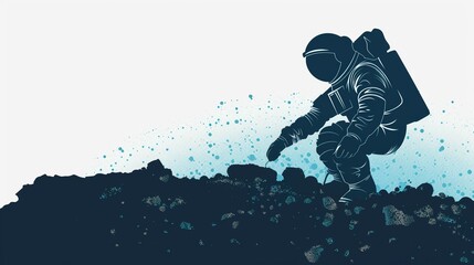 An astronaut silhouette kneeling to collect rock samples, representing the scientific pursuit of knowledge beyond Earth. - obrazy, fototapety, plakaty