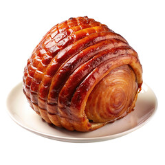 Glazed spiral ham on white plate isolated on transparent background.