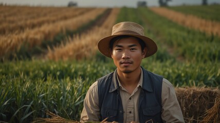 Naklejka na ściany i meble Portrait of young asian wheat farmer on crops farm land field landscape background, work natural agriculture business concept from Generative AI