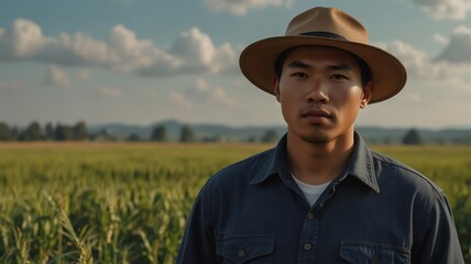 Naklejka na ściany i meble Portrait of young asian wheat farmer on crops farm land field landscape background, work natural agriculture business concept from Generative AI
