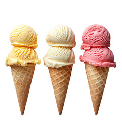 Three delicious flavors of ice cream in waffle cones on a transparent background
