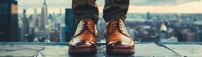 Detailed image of a pair of polished shoes standing at the edge of a rooftop overlooking the city, symbolizing vision and the heights of achievement. - obrazy, fototapety, plakaty