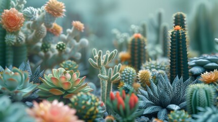 Naklejka na ściany i meble Arid Garden Delight: Immersing in the Natural Splendor of Desert Cacti amidst a Floral Desertscape, Witnessing the Harmonious Dance of Life Amidst the Scorching Sun and Breathtaking Scenery