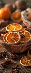 Fototapeta na wymiar Dried orange slices and star anise in a wooden bowl on a rustic table, in a closeup, in the style of vintage