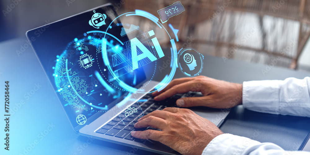 Poster man hands typing on laptop, chat bot hologram on computer screen