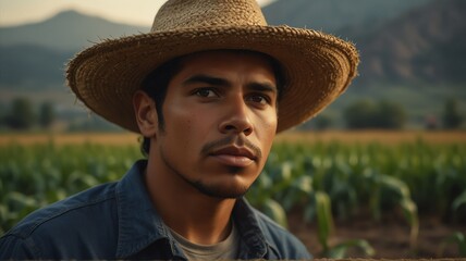 Portrait of young mexican corn farmer on crops farm land field landscape background, work natural agriculture business concept from Generative AI - obrazy, fototapety, plakaty