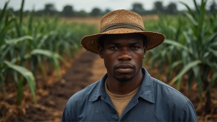 Portrait of young sugar cane black african farmer on crops farm land field landscape background, work natural agriculture business concept from Generative AI