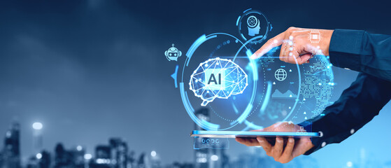 Businessman finger touch tablet, digital AI hologram with brain and chat bot