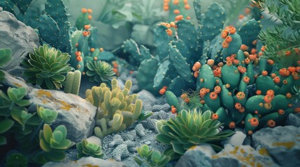 Desert Bloom: Admiring the Unique Floral Desertscape, Adorned with the Splendor of Cacti and Succulents, a Haven of Life Amidst the Arid Terrain, Where Beauty Thrives in the Most Unlikely of Places