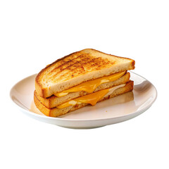 Grilled cheese sandwich on white plate isolated on transparent background.