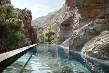 Serene pool framed by rugged cliffs, blending seamlessly with the natural landscape.