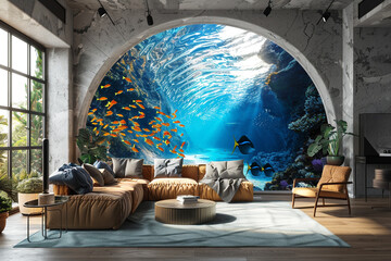 Background of oceanic fishes in a living room, 3D illustration for wall art amazing wall artwork.