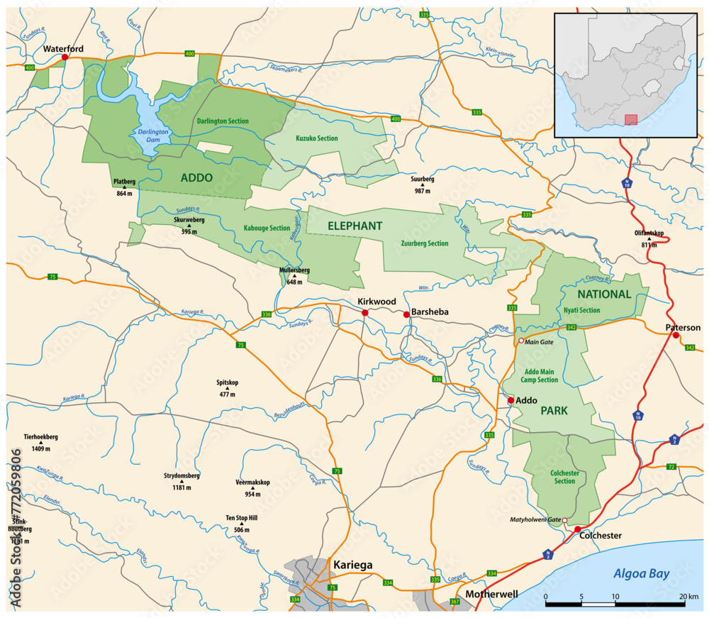 Wall mural vector map of south africas addo elephant national park