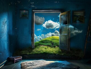 A door is open in the middle of an empty grass field, leading to beautiful cloudy sky with ocean and landscape 