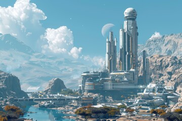 Serenity among shiny sci-fi ruins beacon of hope in vivid landscapes - obrazy, fototapety, plakaty