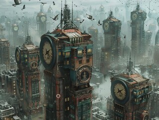 Steampunk clock tower city time manipulation devices